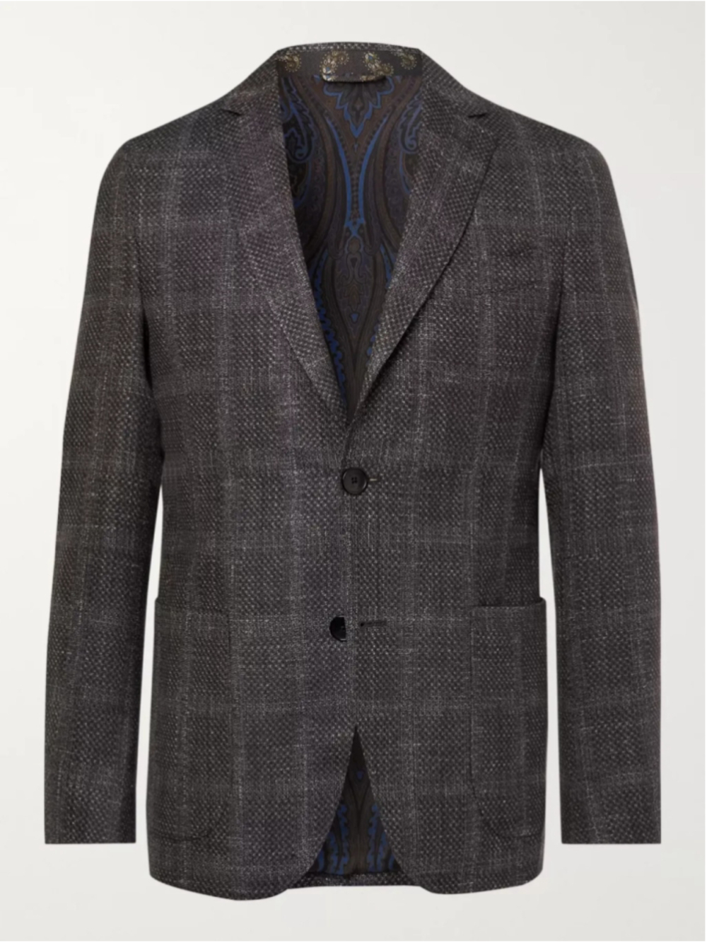 Etro Sport Coat Blazer, Grey and Blue, Paisley Lining 54 44R wool linen silk